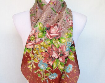 Vintage 1950s Silk Scarf, Floral Print, Hand-Painted Gold, Hand-Rolled Edges Made in U.S.A.