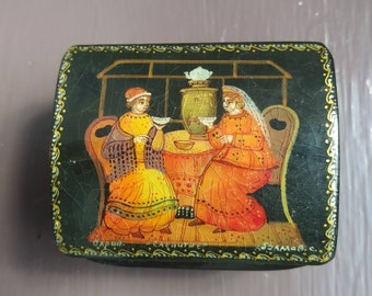 Vintage Russian Lacquered Wooden Box, Hand Painted Tea Drinking Scene, Trinket, Ring Box