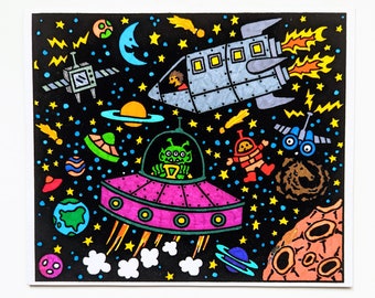 Vintage 1990s Original Blacklight Print, Artwork, Flocked, Outer Space, Aliens, Psychedelic, Sci-Fi, Comix, Cartoon