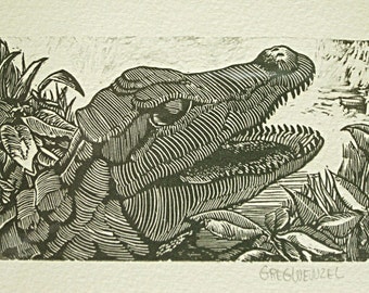 Alligator Original Woodcut Print by Greg Wenzel, Gregory Wenzel, Swamp, Natural History