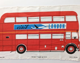 Vintage 1960s Tea Towel, Visit London Red Bus, Ulster Irish Linen, Souvenir