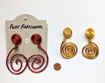 Two Pairs 1980s Large Spiral Metal Earrings, Pure Fabrication, Hyper Hyper London, Clip Ons, Gold, Red