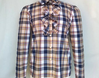 Vintage Late 1980s Early 1990s Oscar de la Renta Sport Prairie Blouse, Plaid, Ruffles, Medium