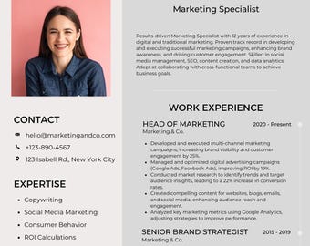 May include: A resume for Michelle Willson, a Marketing Specialist with 12 years of experience. The resume highlights her expertise in digital and traditional marketing, social media management, SEO, content creation, and data analytics. It also lists her work experience as Head of Marketing at Marketing & Co. from 2020 to present and Senior Brand Strategist at Marketing & Co. from 2015 to 2019.