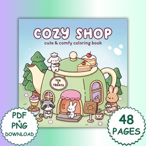 Cosy Shop-kleurboek – kawaii-winkelpuien, 48 eenvoudige pagina's (pdf en png)