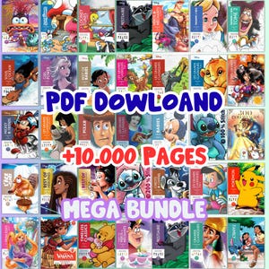 Op de afbeelding: Een digitale verzameling kleurboekcovers met diverse Disney-personages waaronder Mickey Mouse, Stitch, Winnie de Poeh en Pikachu. De afbeelding toont de tekst PDF DOWLOAND +10.000 PAGES MEGA BUNDLE in blauwe en rode letters.