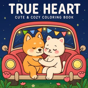 May include: A cute illustration of a red car with a Shiba Inu dog and a white cat inside, holding hands. The car is decorated with colorful flags and lights. The text "TRUE HEART CUTE & COZY COLORING BOOK" is at the top against a dark blue background.