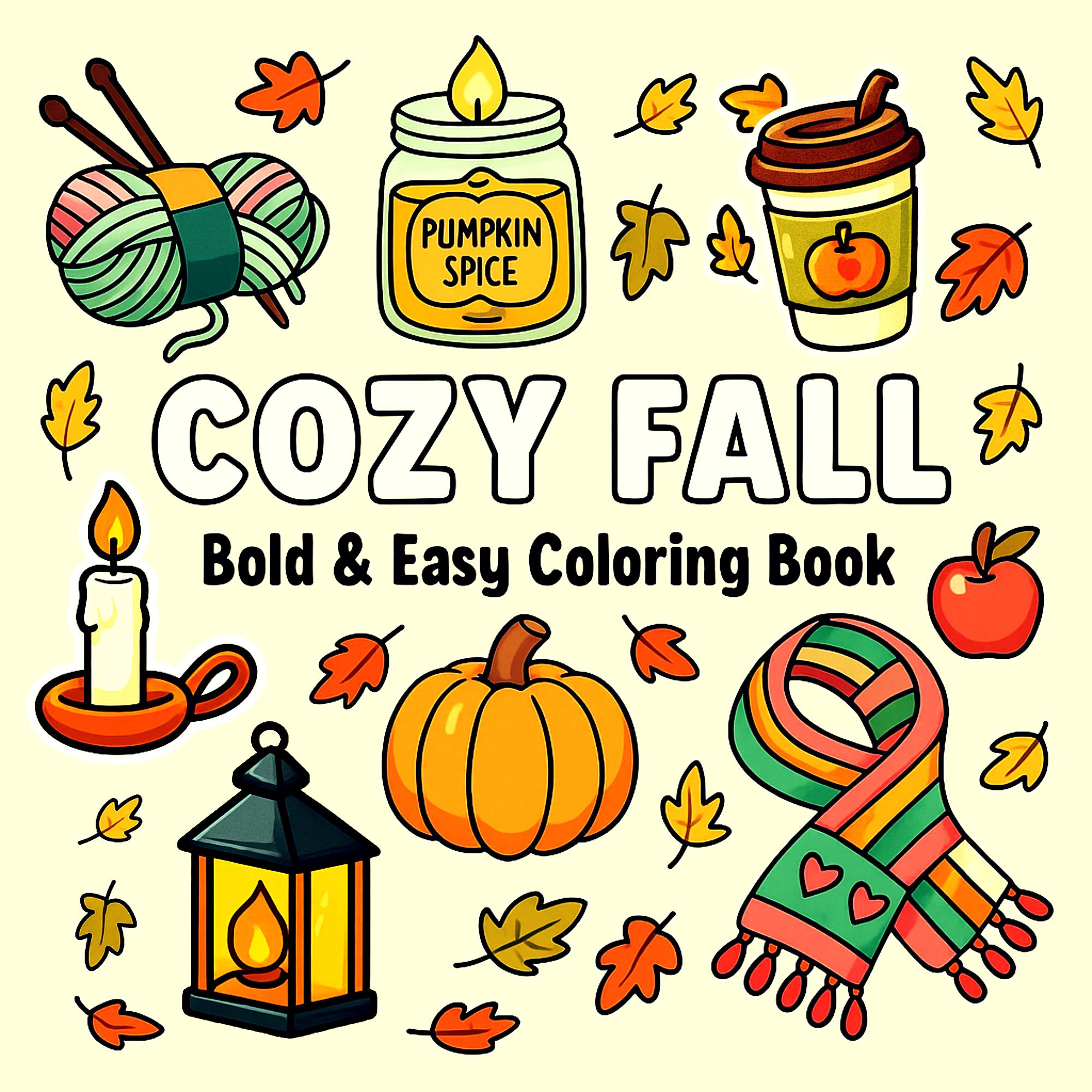Cozy Fall Bold & Easy Coloring Book PDF PNG – Cute Autumn Scenes, Coco Wyo Style, 60 Printable Pages for Procreate & Crafts