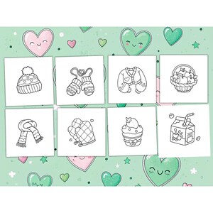 May include: A collection of eight square cards featuring black and white line drawings of winter-themed items. The drawings include a hat, mittens, a sweater, a basket of apples, a scarf, more mittens, a cupcake, and a carton of juice. The background is light green with heart shapes.