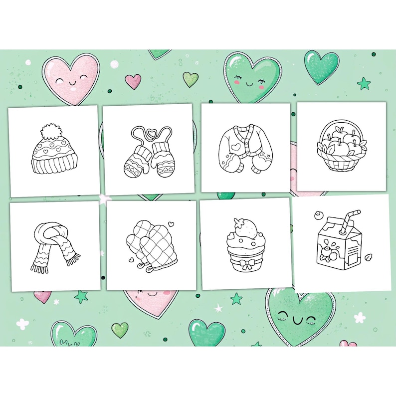 May include: A collection of eight square cards featuring black and white line drawings of winter-themed items. The drawings include a hat, mittens, a sweater, a basket of apples, a scarf, more mittens, a cupcake, and a carton of juice. The background is light green with heart shapes.