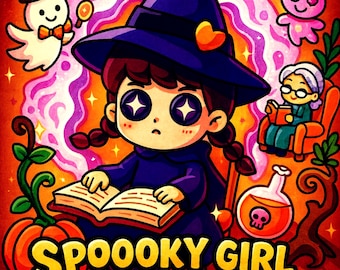 May include: A colorful illustration for a coloring book titled "Spooky Girl." The image features a cartoon witch with a purple hat and dress, reading a book. Other elements include a ghost, pumpkin, and potion bottle.