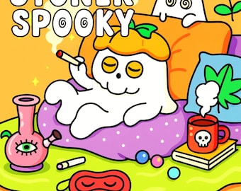 Puede incluir: Ilustración colorida de un fantasma de dibujos animados relajándose en una almohada, fumando un cigarrillo y sosteniendo un bong. La imagen incluye el texto "STONER SPOOKY" y "CUTE STONER COLORING BOOK". Otros elementos incluyen una taza con una calavera, una máscara para dormir y bolas de colores.