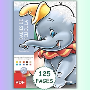 May include: A coloring book cover featuring a blue elephant character wearing a yellow hat and a red and yellow ruffled collar. The cover includes the text BABIES DE PELÍCULA, 125 PAGES, and a PDF icon. The design includes color swatches.