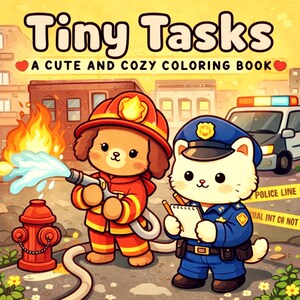 Può includere: Copertina di un libro da colorare per bambini con il titolo "Tiny Tasks" e il sottotitolo "A Cute and Cozy Coloring Book". L'illustrazione presenta un cane dei cartoni animati vestito da pompiere e un gatto poliziotto, con un idrante e un'auto della polizia.