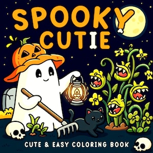 Może przedstawiać: Okładka książki do kolorowania dla dzieci z tytułem "Spooky Cutie" w pomarańczowych literach. Ilustracja przedstawia ducha w kapeluszu z dyni, trzymającego latarnię i czarnego kota. Tło jest granatowe z pełnią księżyca.