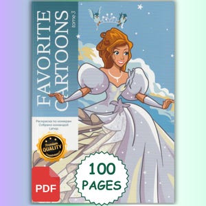 Può includere: Un libro da colorare intitolato FAVORITE CARTOONS tome 3 con l'illustrazione di una principessa in un abito azzurro con maniche a sbuffo e diadema. La copertina include un sigillo dorato PREMIUM QUALITY, un'icona PDF rossa e 100 PAGES.