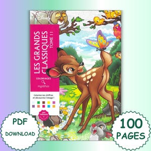 Puede incluir: Un libro para colorear de Disney con Bambi, un cervatillo, y una mariposa. La portada dice "LES GRANDS CLASSIQUES TOME 11" y "COLORIAGES mystères". El libro tiene 100 páginas y está disponible como descarga PDF.