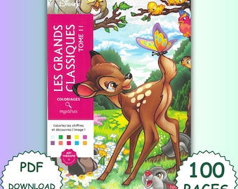 Disney Color by Numbers – 100 Pages – Les Grands Classiques Volume 11 – Printable PDF Coloring Book – Bambi Cover – Art Therapy for Children