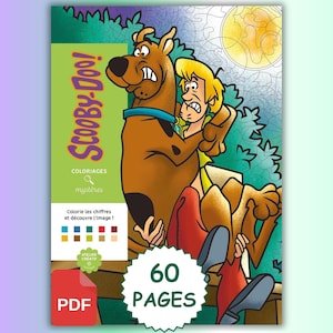 May include: A Scooby-Doo coloring book cover featuring a brown dog and a blonde human character with a scared expression. The cover includes the text Scooby-Doo, Coloriages mystères, and 60 PAGES, along with a color key and a red PDF icon.