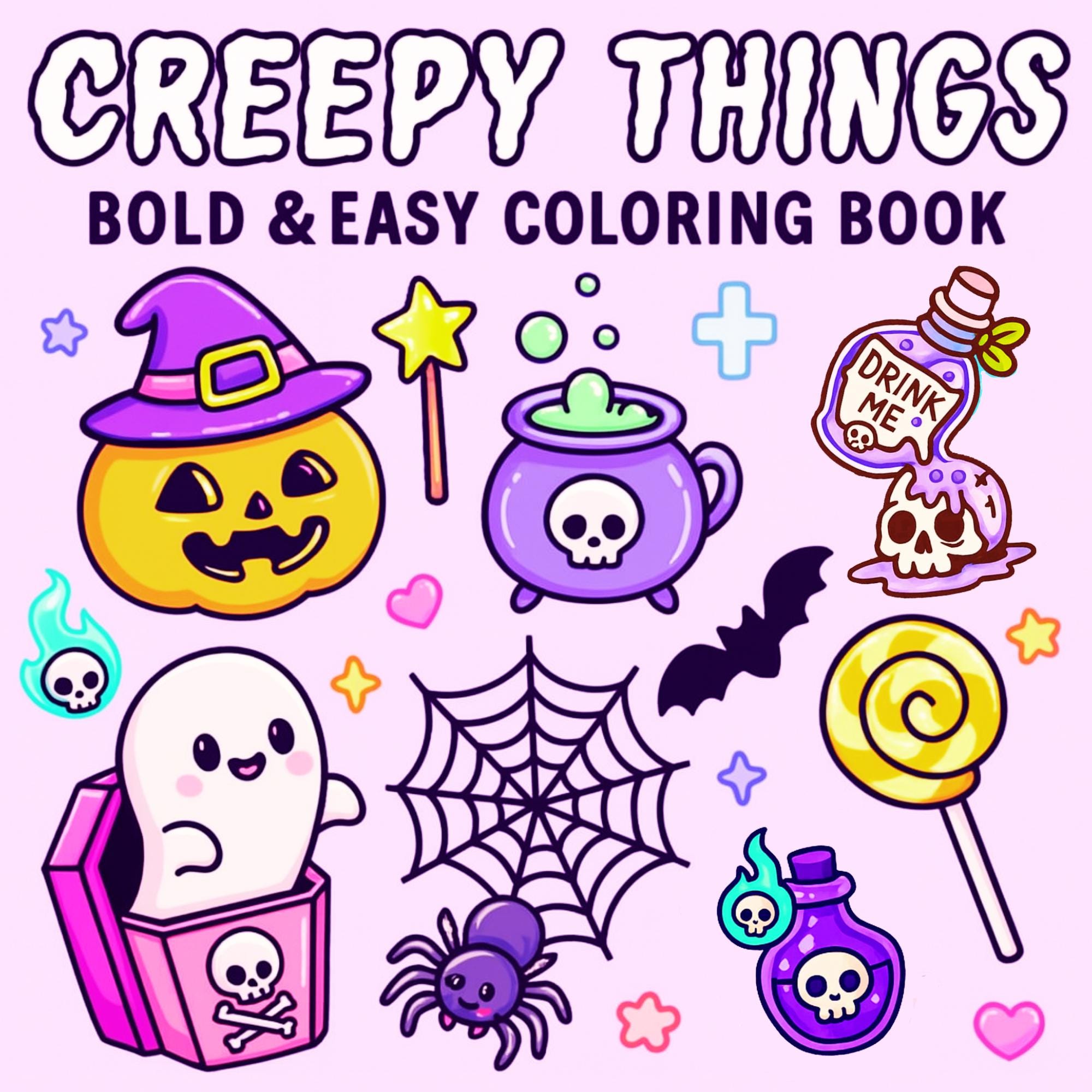 Creepy Things Libro para Colorear PDF y PNG – Arte de Halloween tierno y spooky, líneas gruesas, estilo Coco Wyo para Procreate e impresión