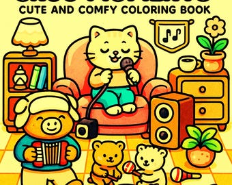 May include: A colorful illustration for a coloring book titled "Snug Moments." The image features a cat singing into a microphone, a pig playing an accordion, and several bears playing instruments. The text "Cute and Comfy Coloring Book" is also visible.