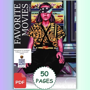 Könnte beinhalten: Ein digitales Malbuch-Cover mit dem Titel FAVORITE MOVIES tome 2, das eine stilisierte Illustration einer Person mit Augenbinde zeigt, die ein gelbes gemustertes Hemd und eine schwarze Hose trägt. Enthält einen QR-Code, ein PDF-Symbol und 50 SEITEN.