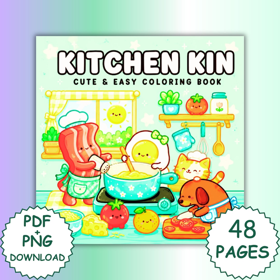 Kitchen Kin Coloring Book, Cozy Food Scenes, Bold Easy Pages (PDF PNG ...