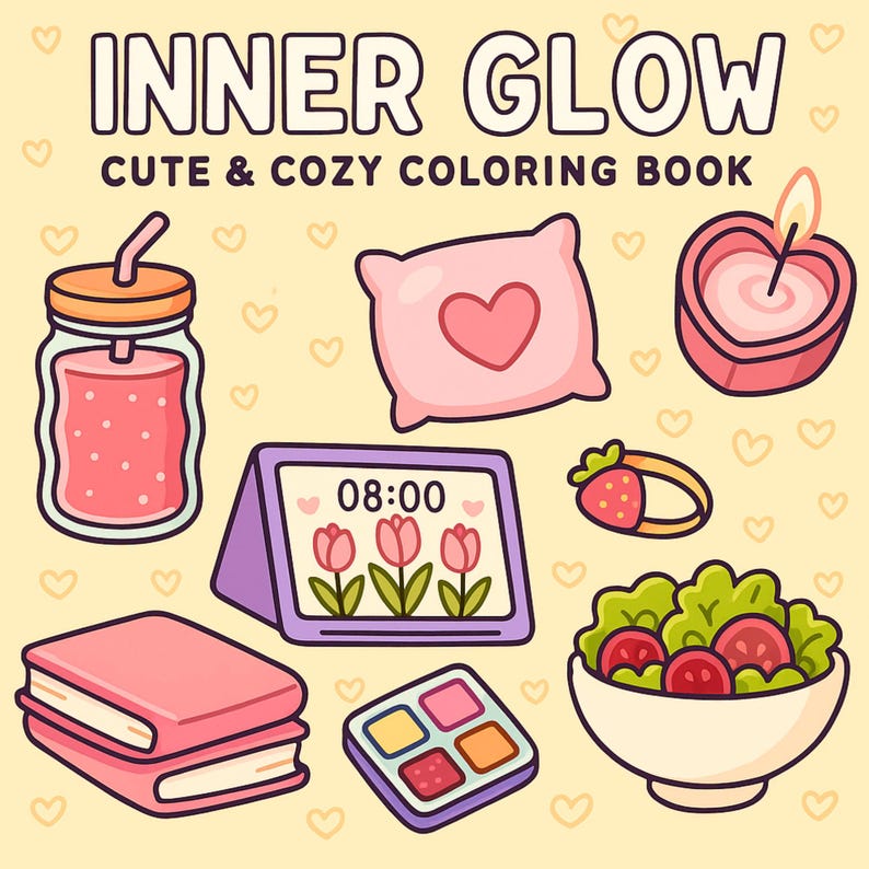 May include: A collection of cute, cozy illustrations on a light yellow background. The image includes a pink pillow with a heart, a heart-shaped candle, a drink in a jar, a digital clock, a book, a makeup palette, a salad bowl, and a strawberry ring. Text reads "INNER GLOW CUTE & COZY COLORING BOOK."