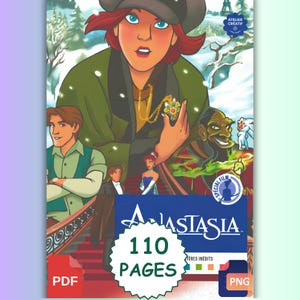 May include: A digital coloring book cover featuring the animated characters from Anastasia, including a central figure holding a gold necklace, with the title Anastasia, 110 pages, and icons for PDF and PNG file formats visible.