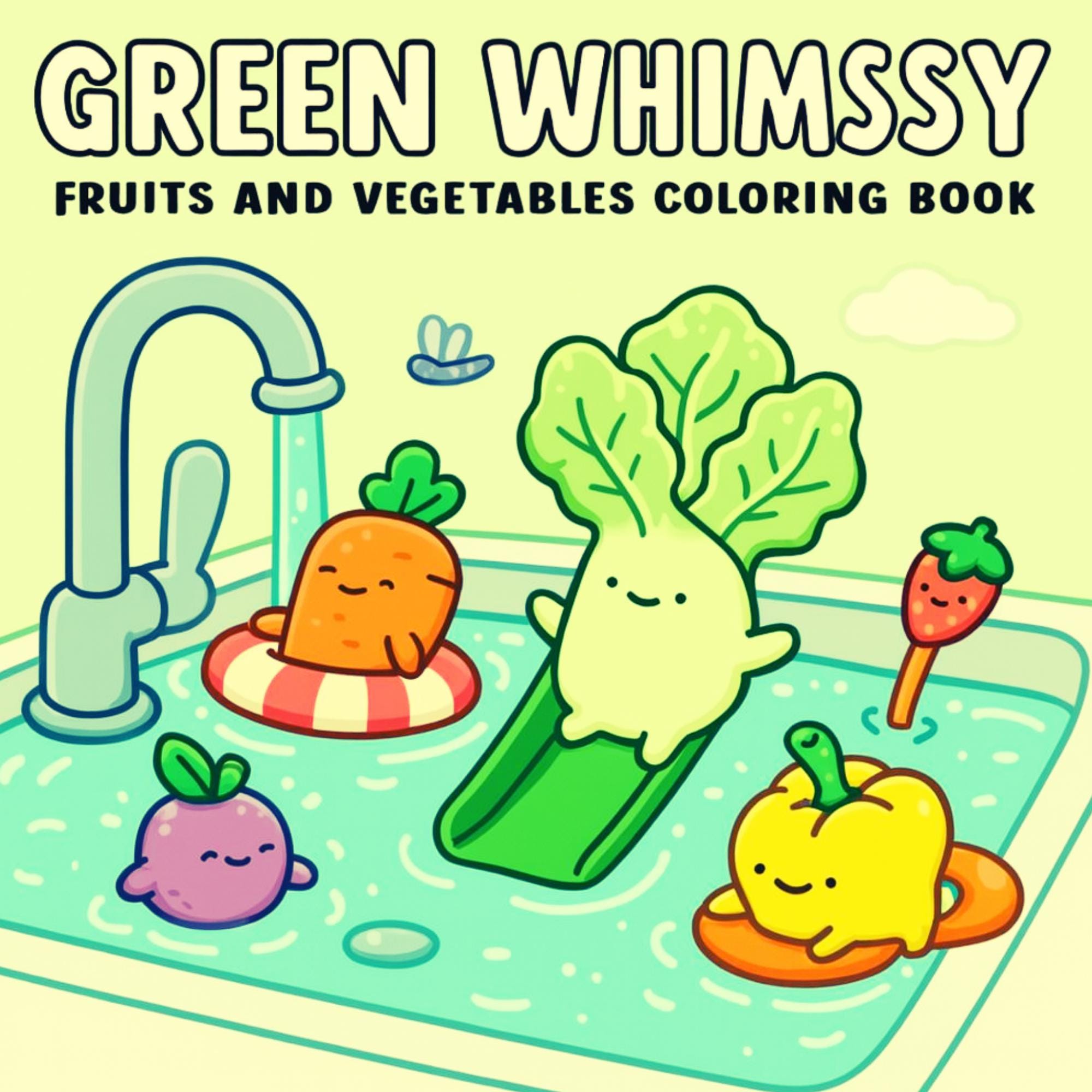 Green Whimsy Bold & Easy Cute Coloring Book: Fruits, Veggies & Cozy Friends PDF + PNG for Procreate
