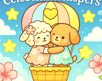 Pode incluir: Capa de livro para colorir com o título "Celestial Whisers" acima de uma ilustração de um cordeiro e um cachorrinho abraçados em um balão de ar quente. O balão é amarelo e rosa, com um coração no topo. O texto "Cute and Cozy Coloring Book" está na parte inferior.