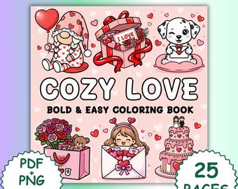Cozy Love Coloring Book, Kawaii Romance Art (PDF & PNG)