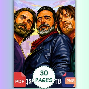 Könnte beinhalten: Eine digitale Illustration mit drei bärtigen Männern mit markanten Gesichtszügen im lebendigen Comic-Stil. Die zentrale Figur trägt eine dunkle Jacke und einen roten Schal. Ein weißes, kreisförmiges Abzeichen zeigt den Text 30 PAGES.