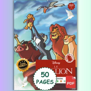 Könnte beinhalten: Ein digitales Malbuch-Cover mit animierten Löwenfiguren, darunter ein hochgehaltenes Löwenjunges, ein Mandrill, ein Warzenschwein, ein Erdmännchen und zwei erwachsene Löwen vor blauem Himmel. Der Text lautet Disney Le Lion, 50 Pages, PDF.