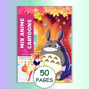 Puede incluir: Un libro para colorear titulado MIX ANIME CARTOONS que presenta un gran personaje Totoro gris, un Pikachu amarillo y una figura de Sailor Moon. La portada muestra una escena de bosque con un árbol, una paleta de colores y 50 PÁGINAS.