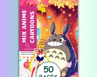 Livre de coloriage numérique : assortiment de dessins animés, 50 pages (PDF numérique + téléchargement PNG)