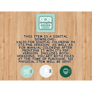 May include: A digital download product image with the text "Coloring Shop". The text states the item is a digital download, valid for digital and manual coloring, including both PNG and PDF versions. Icons for a shopping cart, download, and print are also visible.