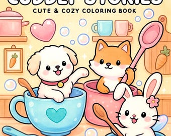 May include: A vibrant illustration for a colouring book cover, "Cuddly Stories." It shows a dog, fox, and bunny in teacups with spoons. The background has kitchen items and the text "Cute & Cozy Coloring Book." The overall design is bright and cheerful.
