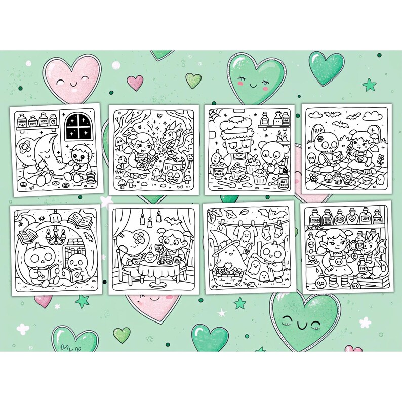 Może przedstawiać: Zestaw ośmiu kolorowanek o tematyce Halloween. Każda strona przedstawia inną fantazyjną scenę z uroczymi postaciami, w tym duchami, dyniami i czarownicami. Strony są czarno-białe, gotowe do pokolorowania.