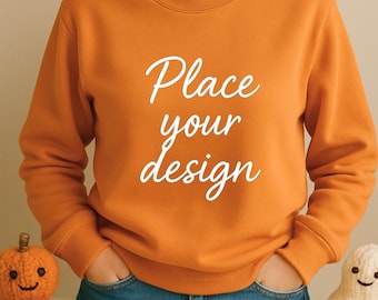 Gildan 18000-sweater mockup sport oranje kleur zware mix sweatshirt model mockup herfst mockup halloween mockup seizoensgebonden mockup oranje