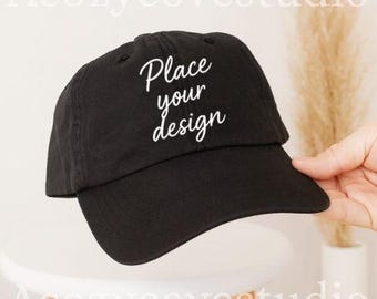 Black Baseball Cap Mockup | Plain Hat Mockup for Etsy Sellers | Minimal Modern Cap Display | Blank Adjustable Hat Mockup Photography Scene
