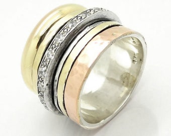 Bandas giratorias de oro amarillo y oro rosa, en un anillo grueso de plata de ley sólida decorado con Zircón transparente, anillo giratorio ancho, anillo unisex