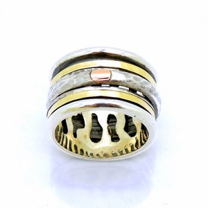 Wide 925 Sterling Silver spinner ring with hammered lace design rose 9K 9K Gold bands 788 image 3