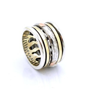 Wide 925 Sterling Silver spinner ring with hammered lace design rose 9K 9K Gold bands 788 image 4