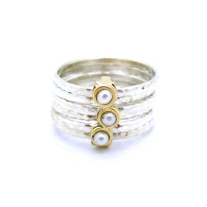 Silver Band Stacking Ring with Gold Inlaid Spinners Featuring Three White Pearls – Handcrafted Stackable Pearl Ring