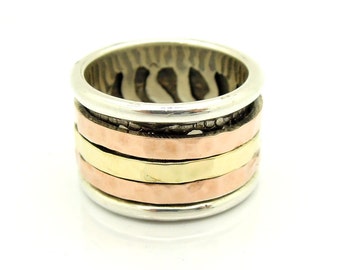 Wide spinner ring with silver 925 yellow & Rose 9K and yelow, spinners size 8 (478r)