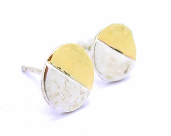 Round hammered 9K Gold & 925 Sterling 925 Sterling Silver post earrings