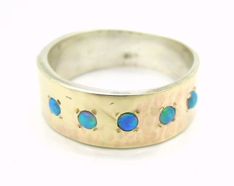 Hammered 9K Gold & Silver Opal Ring: Boho Statement Band