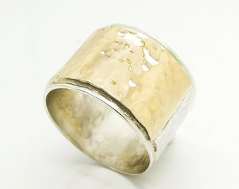 Banda de boda ancha de plata y oro, martillado, oro de 9k, anillo unisex de plata 925 (129b)