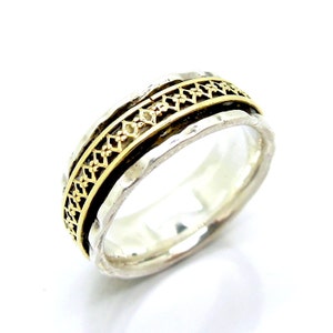 Silver ring with gold lace filigree inlay wedding band size 6.5 r1040